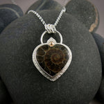 Fossil Ammonite Heart Necklace in Sterling Silver with a 14K Gold Accent by Mikel Grant Jewellery
