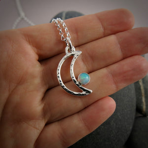 Welo opal crescent moon necklace in sterling silver by Mikel Grant Jewellery