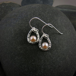 Peach pearl raindrop earrings in sterling silver by Mikel Grant Jewellery