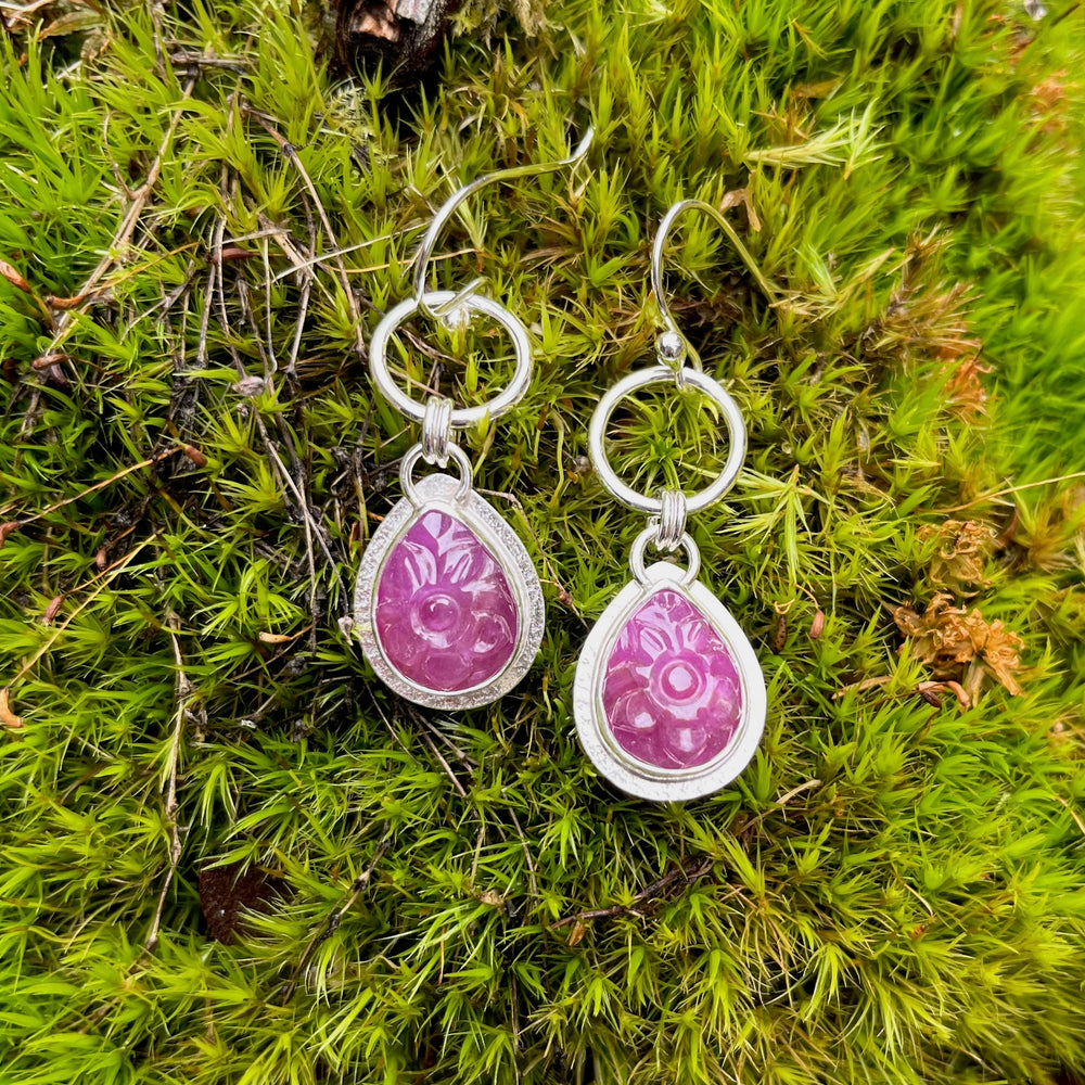 Carved ruby circle drop earrings in sterling silver by Mikel Grant Jewellery. Viva Magenta Jewellery Collection.