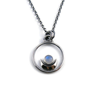 Dream Necklace by Mikel Grant Jewellery. Silver Crescent Moon Cradling a Rainbow Moonstone.