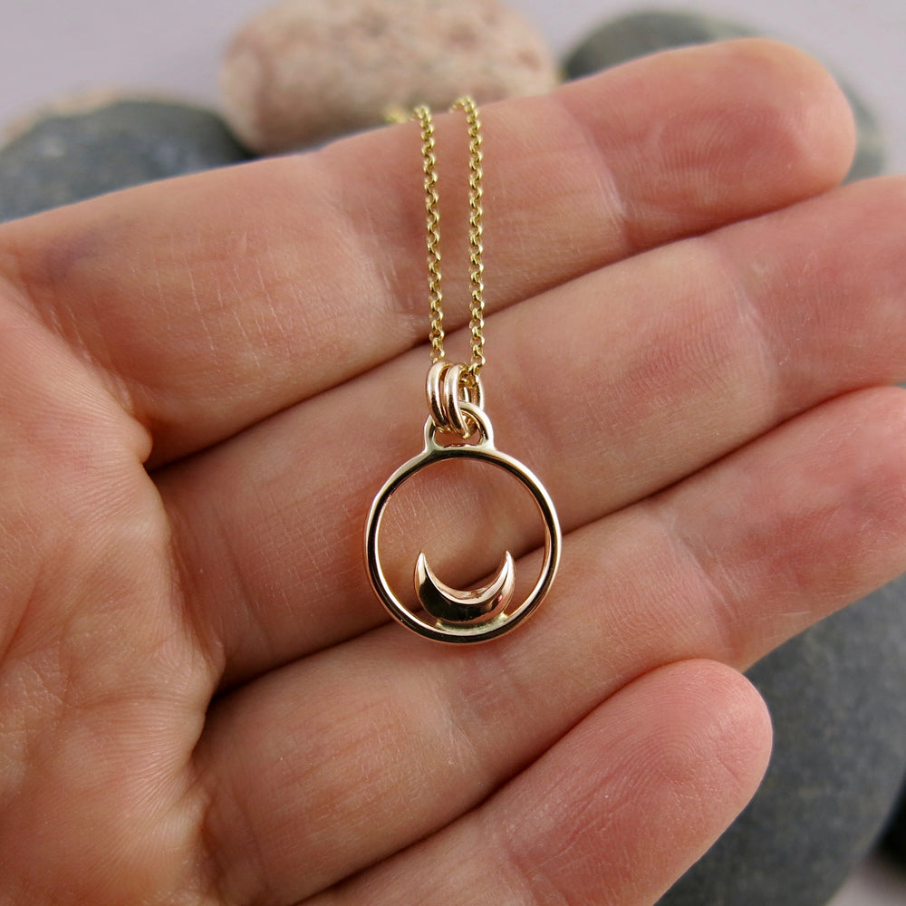 Gold dream necklace by Mikel Grant Jewellery. Solid 14K gold crescent moon charm necklace.
