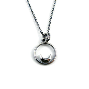 Mini silver crescent moon dream necklace by Mikel Grant Jewellery.