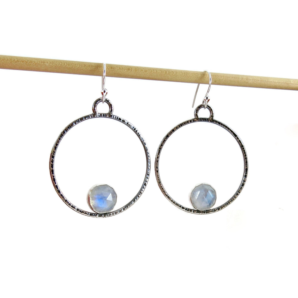 Rose cut rainbow moonstone hoop earrings by Mikel Grant Jewellery.