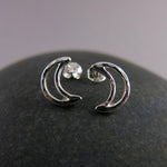 Handcrafted sterling silver hammer textured crescent moon stud earrings by Mikel Grant Jewellery