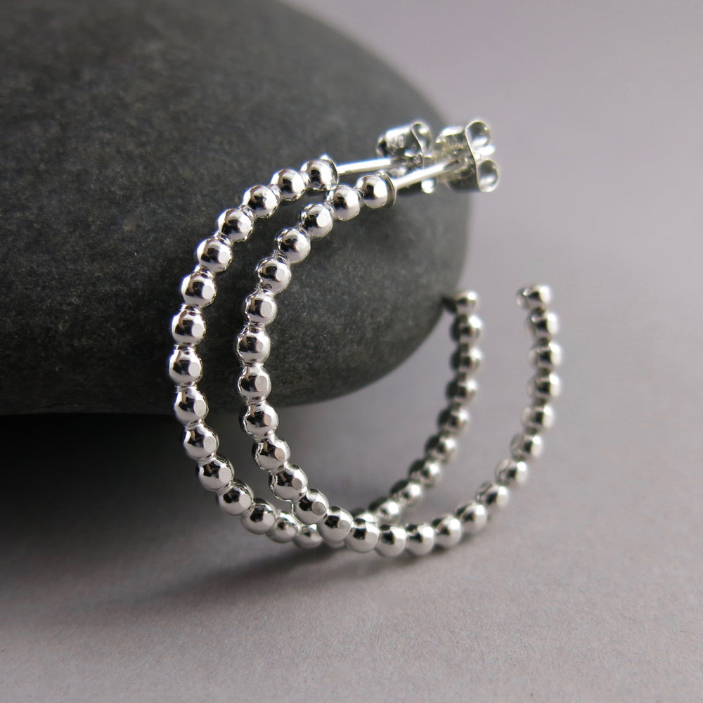 Beaded sterling silver open hoop studs by Mikel Grant Jewellery.  Artisan made on the Sunshine Coast of BC.