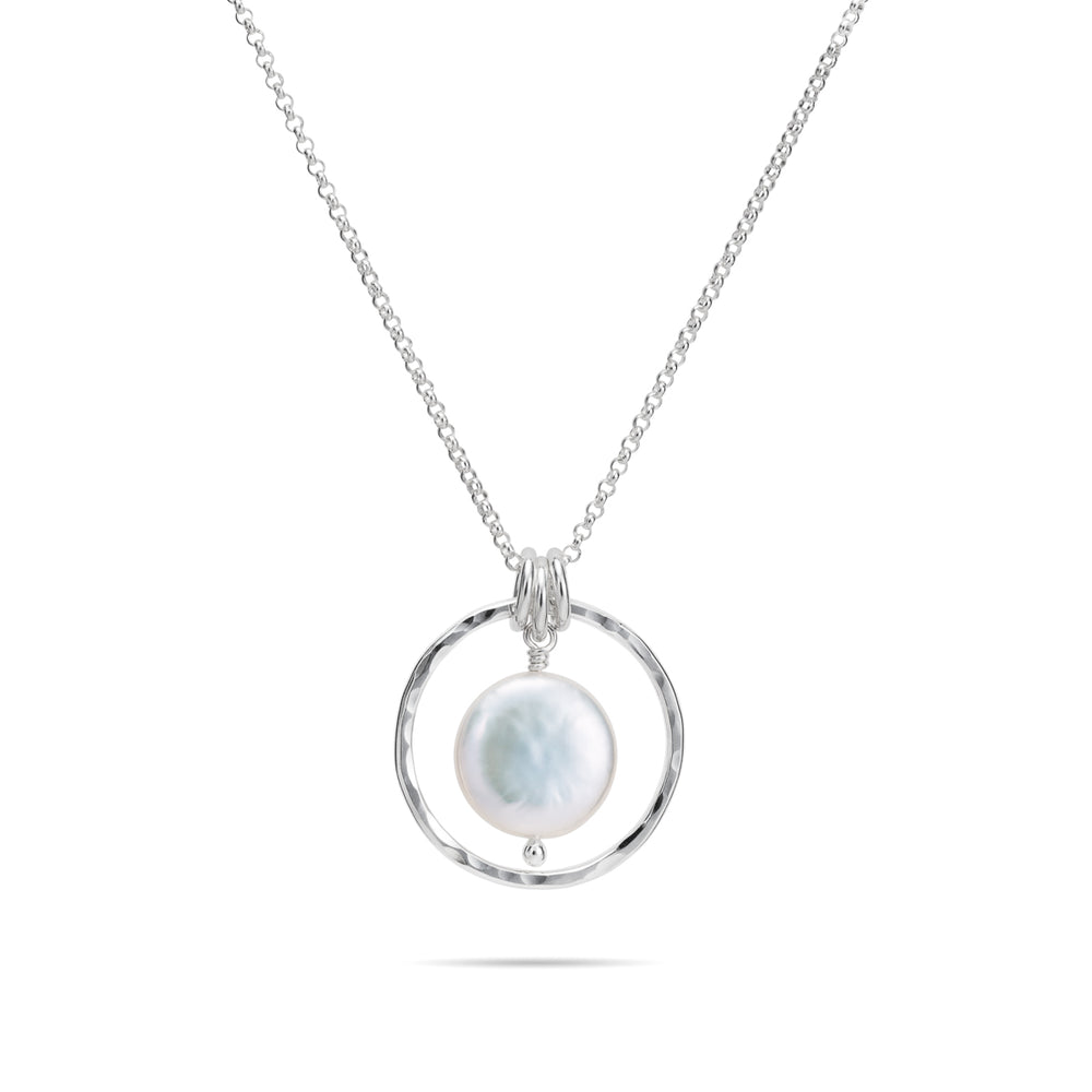 White coin pearl necklace in sterling silver by Mikel Grant Jewellery.
