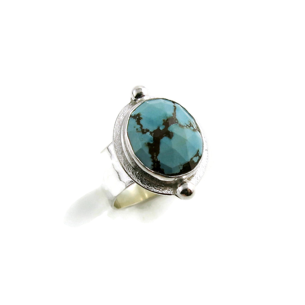 Rose cut Hubei turquoise halo ring in sterling silver by Mikel Grant Jewellery