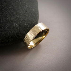14K Gold Wedding Band by Mikel Grant Jewellery. Medium width bark textured gold band.