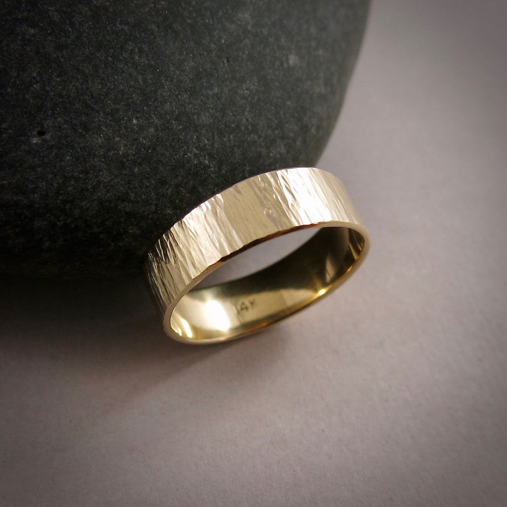 14K Gold Wedding Band by Mikel Grant Jewellery.  Medium width bark textured gold band.
