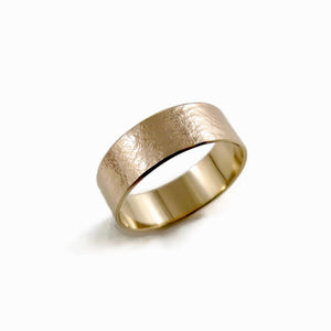 14K Gold Wedding Band by Mikel Grant Jewellery. Abstract textured medium width gold band.