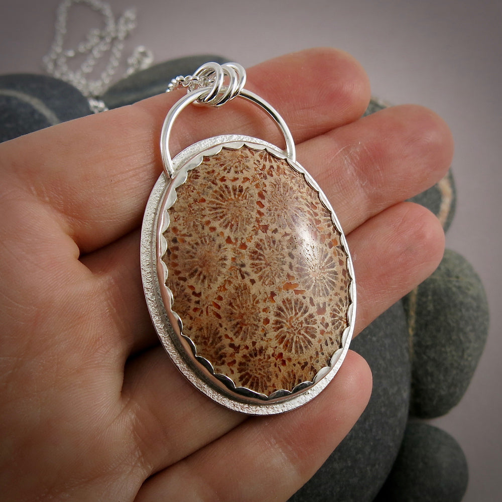 Large oval fossil coral necklace in sterling silver by Mikel Grant Jewellery