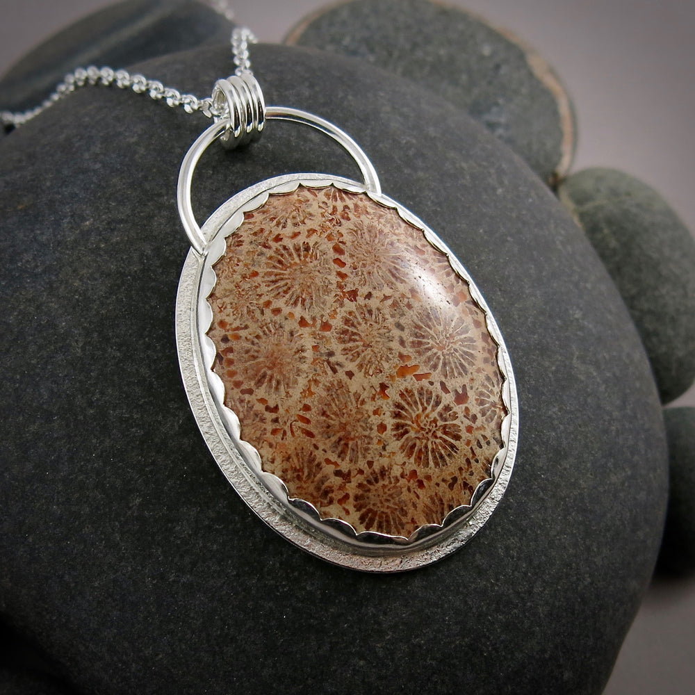Large oval fossil coral necklace in sterling silver by Mikel Grant Jewellery