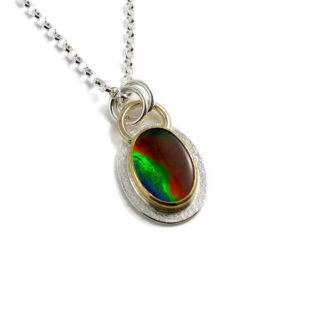 Stunning ammolite necklace in sterling silver, 22K and 14K gold by Mikel Grant Jewellery