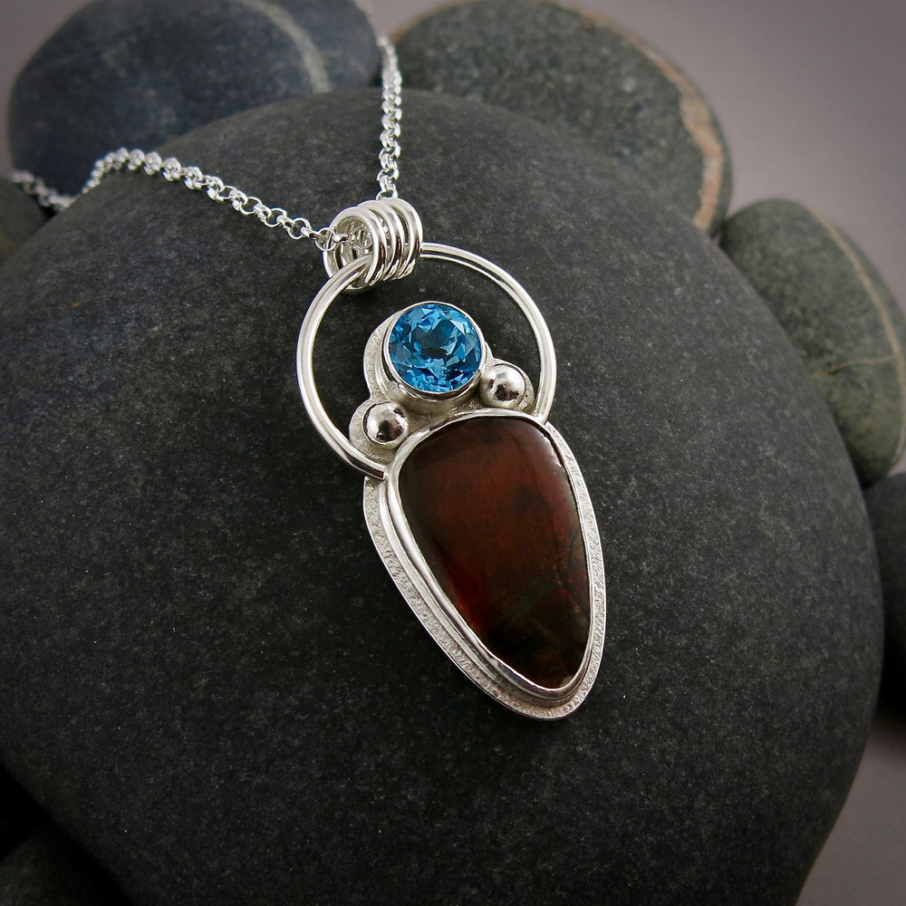 Red ammolite and blue topaz statement necklace in sterling silver by Mikel Grant Jewellery