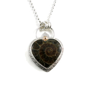 Fossil Ammonite Heart Necklace in Sterling Silver with a 14K Gold Accent by Mikel Grant Jewellery