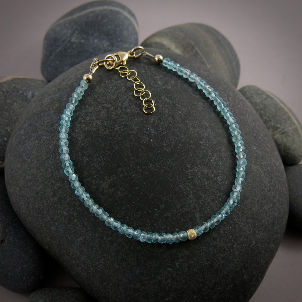 Dainty faceted apatite gemstone bead bracelet in 14K gold fill by Mikel Grant Jewellery