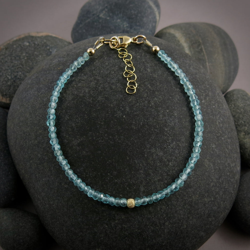 Dainty faceted apatite gemstone bead bracelet in 14K gold fill by Mikel Grant Jewellery