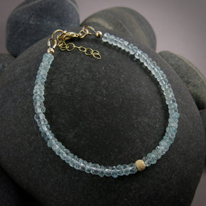 Faceted aquamarine gemstone bead bracelet in 14K gold fill by Mikel Grant Jewellery