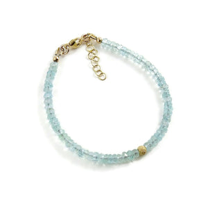 Faceted aquamarine gemstone bead bracelet in 14K gold fill by Mikel Grant Jewellery