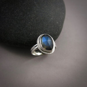 Asymmetrical rose cut labradorite halo ring in sterling silver by Mikel Grant Jewellery