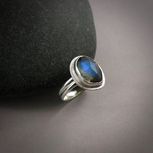 Asymmetrical rose cut labradorite halo ring in sterling silver by Mikel Grant Jewellery