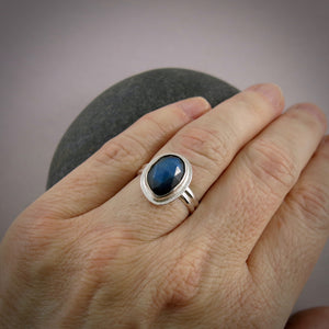 Asymmetrical rose cut labradorite halo ring in sterling silver by Mikel Grant Jewellery