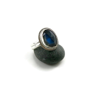 Asymmetrical rose cut labradorite halo ring in sterling silver by Mikel Grant Jewellery