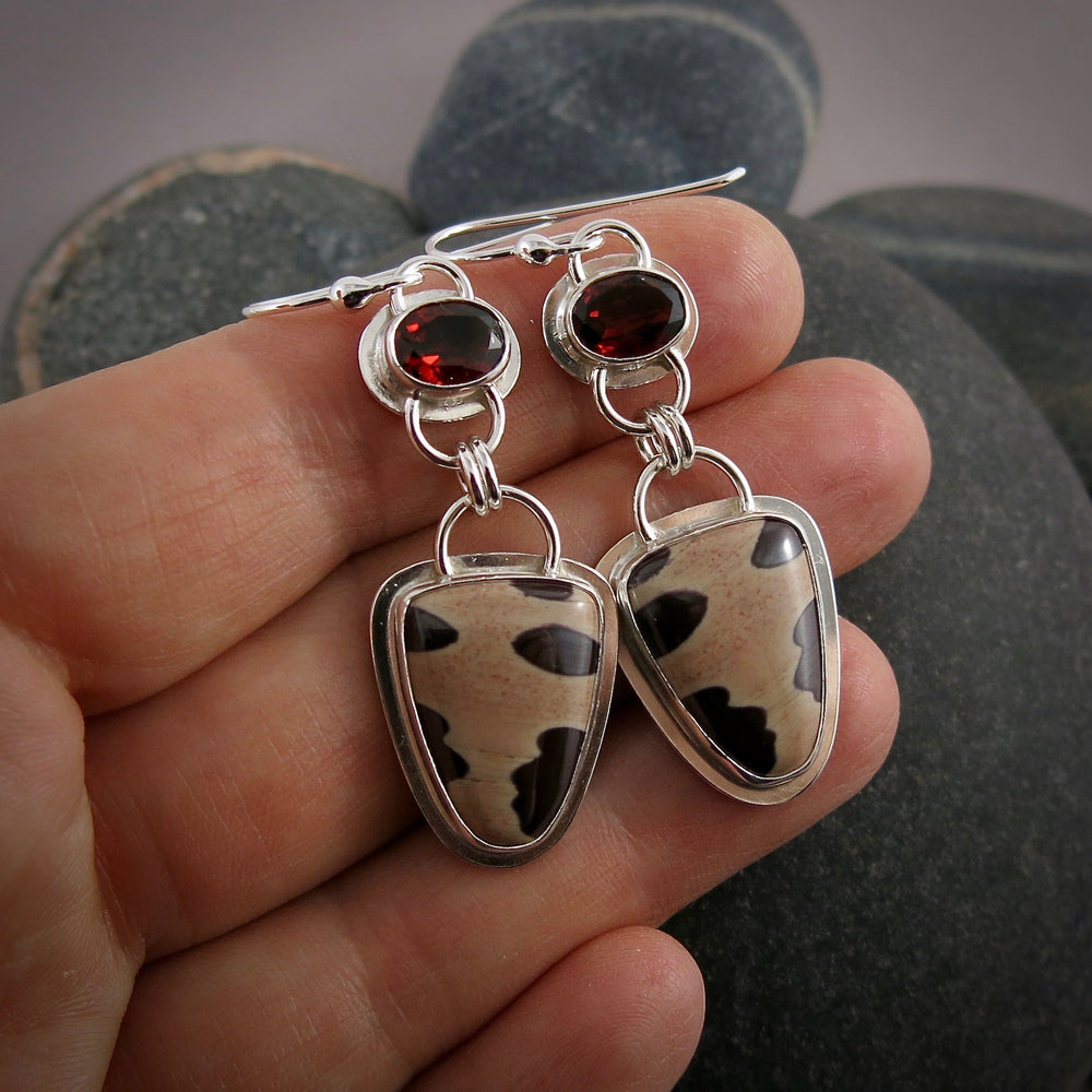 One of a kind Zebra Jasper and Garnet Earrings in Sterling Silver by Mikel Grant Jewellery