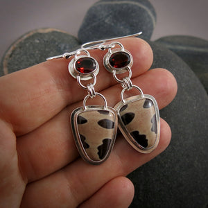 One of a kind Zebra Jasper and Garnet Earrings in Sterling Silver by Mikel Grant Jewellery