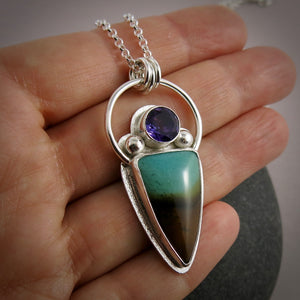 Green-blue & brown bicolour opalized fossil wood necklace with amethyst in sterling silver by Mikel Grant Jewellery