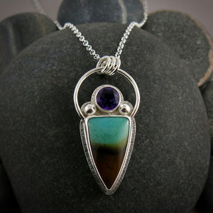 Green-blue & brown bicolour opalized fossil wood necklace with amethyst in sterling silver by Mikel Grant Jewellery