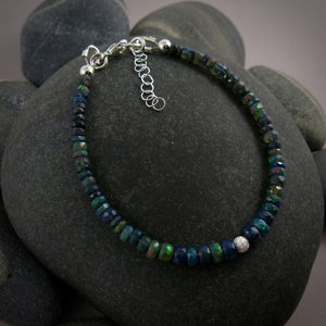 Black Welo opal gemstone bead bracelet in sterling silver by Mikel Grant Jewellery