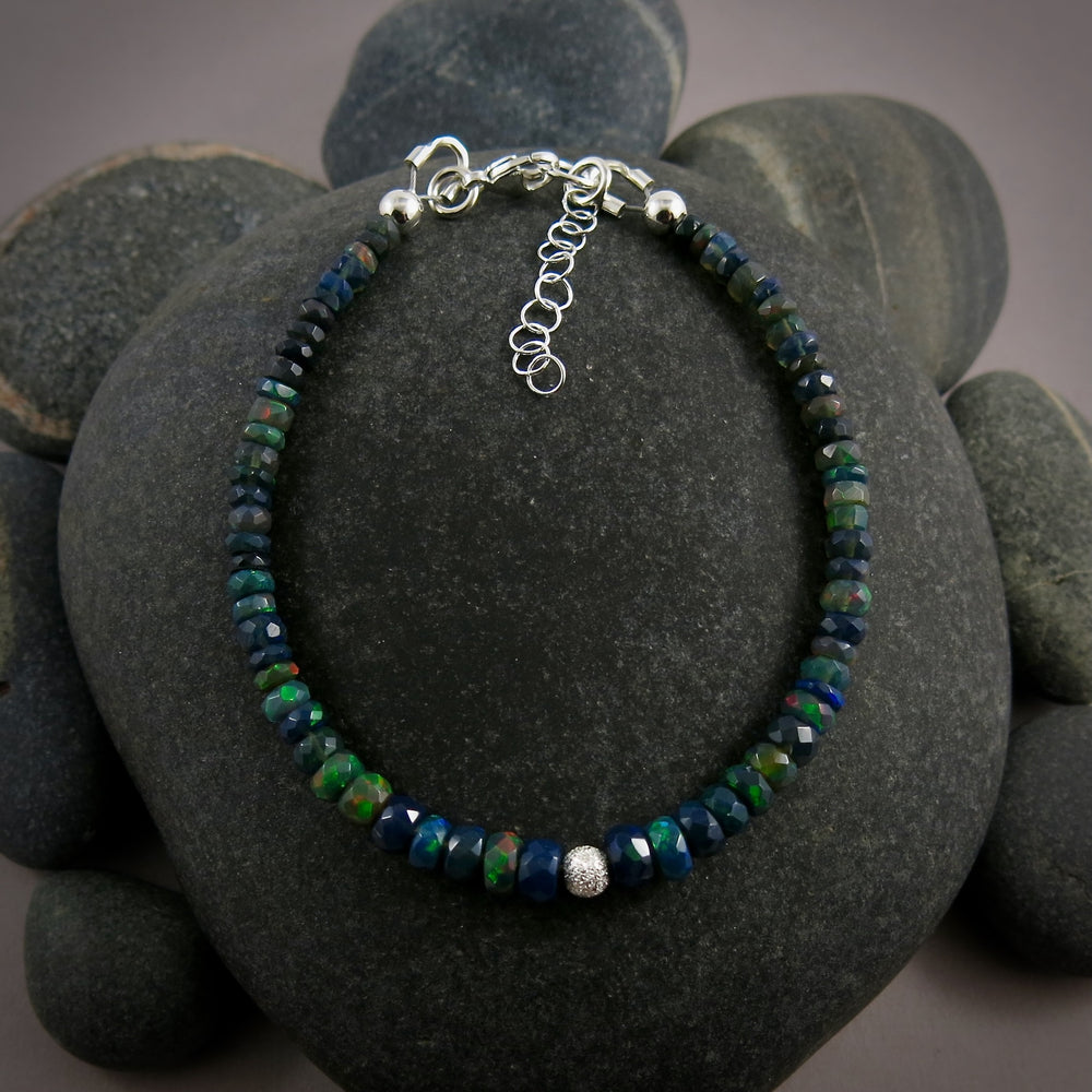 Black Welo opal gemstone bead bracelet in sterling silver by Mikel Grant Jewellery