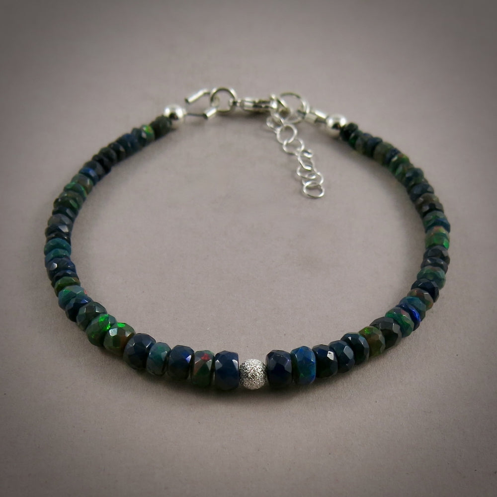 Black Welo opal gemstone bead bracelet in sterling silver by Mikel Grant Jewellery