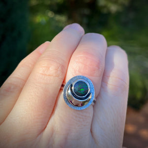 Black Opal Dream Ring • Silver Crescent Moon and Rose-Cut Black Opal • Size 8