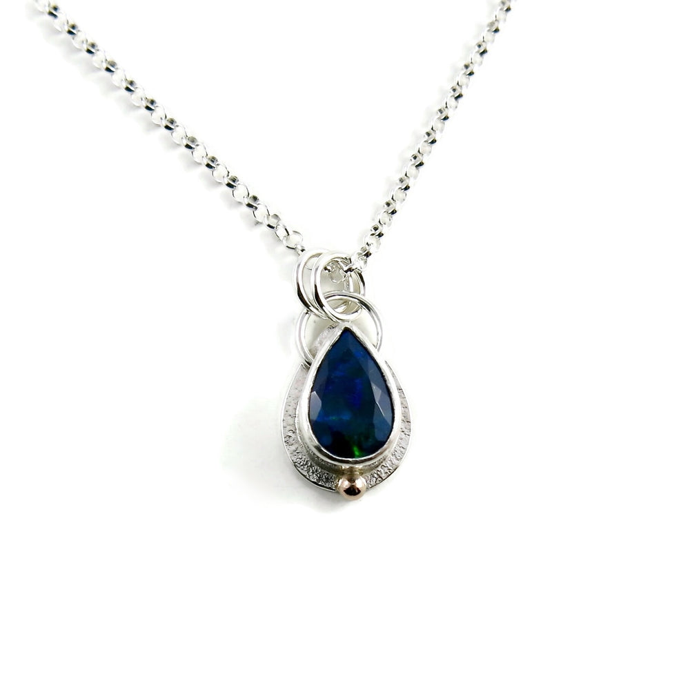 Black Welo opal teardrop necklace in sterling silver & 14K gold by Mikel Grant Jewellery