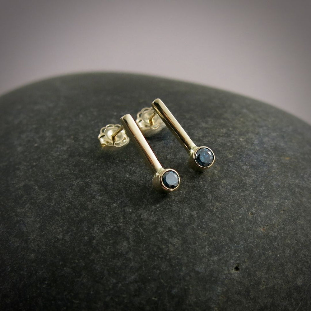 Gold bar studs with blue diamonds by Mikel Grant Jewellery