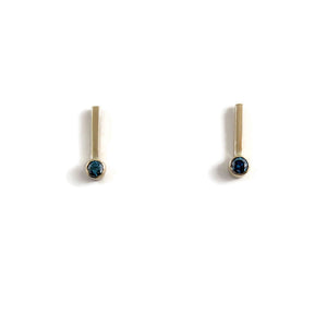 Gold bar studs with blue diamonds by Mikel Grant Jewellery