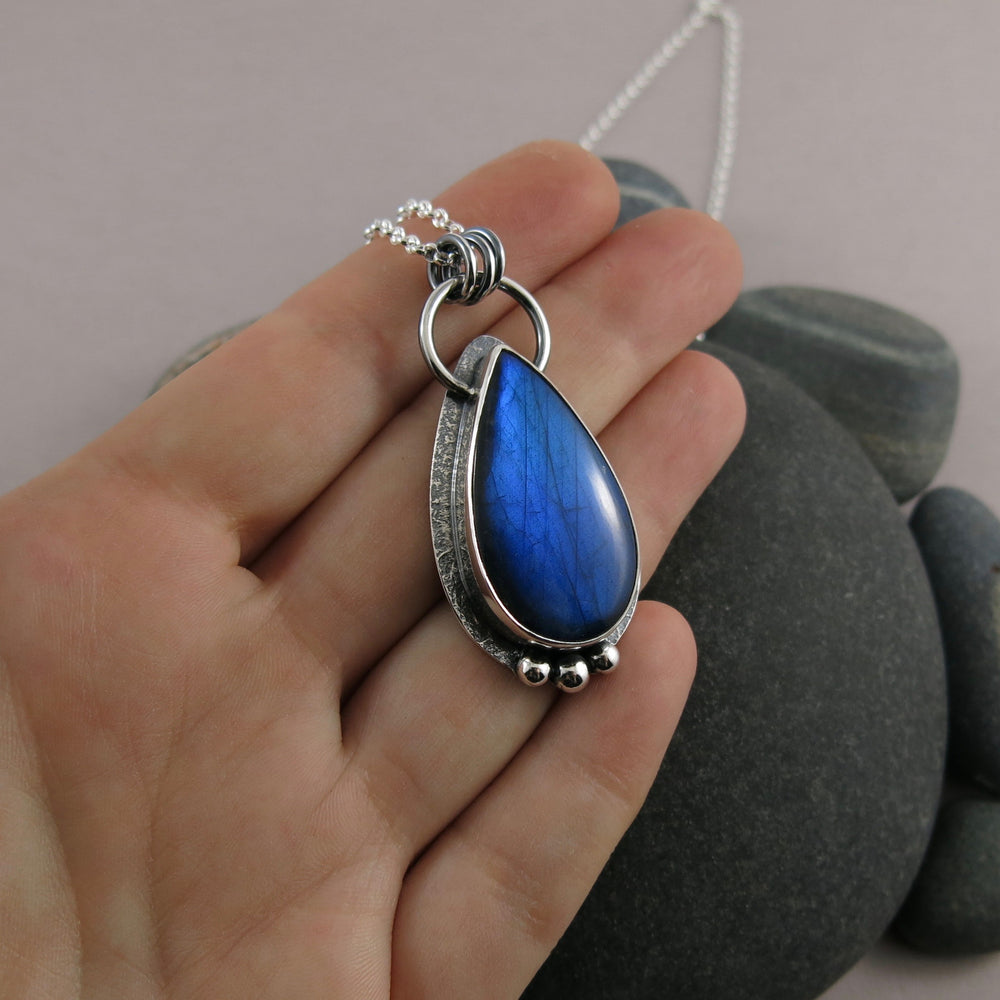 Electric blue labradorite teardrop necklace in sterling silver by Mikel Grant Jewellery