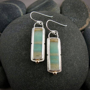 Tropical Dreams Earrings. Blue Opalized Fossil Wood Earrings in Sterling Silver with 14K Gold Accents by Mikel Grant Jewellery
