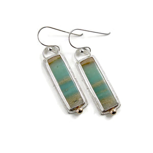 Tropical Dreams Earrings. Blue Opalized Fossil Wood Earrings in Sterling Silver with 14K Gold Accents by Mikel Grant Jewellery