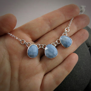 Rose cut Owyhee blue opal trio necklace in sterling silver by Mikel Grant Jewellery