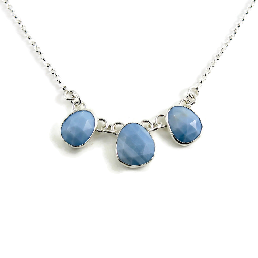 Rose cut Owyhee blue opal trio necklace in sterling silver by Mikel Grant Jewellery