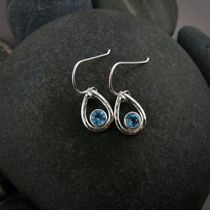 Swiss blue topaz raindrop earrings in hammered sterling silver by Mikel Grant Jewellery