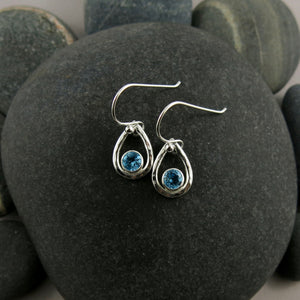 Swiss blue topaz raindrop earrings in hammered sterling silver by Mikel Grant Jewellery