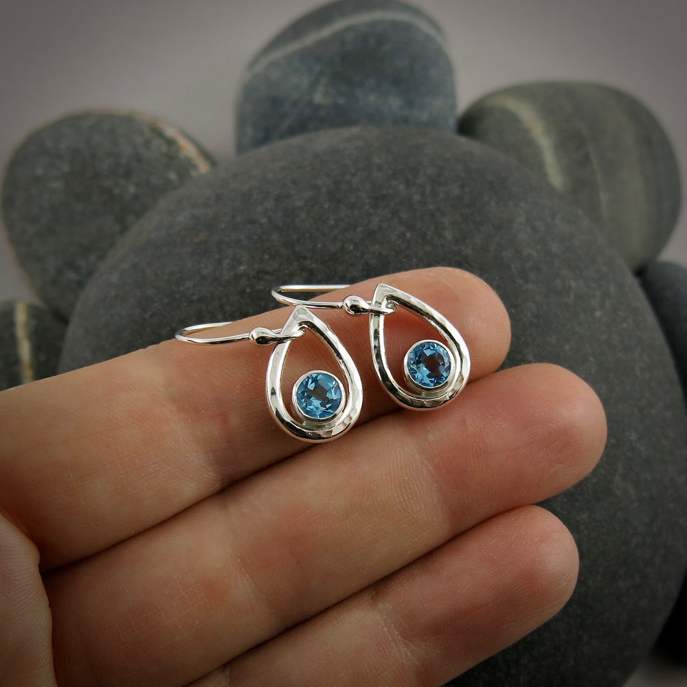 Swiss blue topaz raindrop earrings in hammered sterling silver by Mikel Grant Jewellery