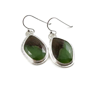 One of a kind boulder chrysoprase earrings in sterling silver by Mikel Grant Jewellery