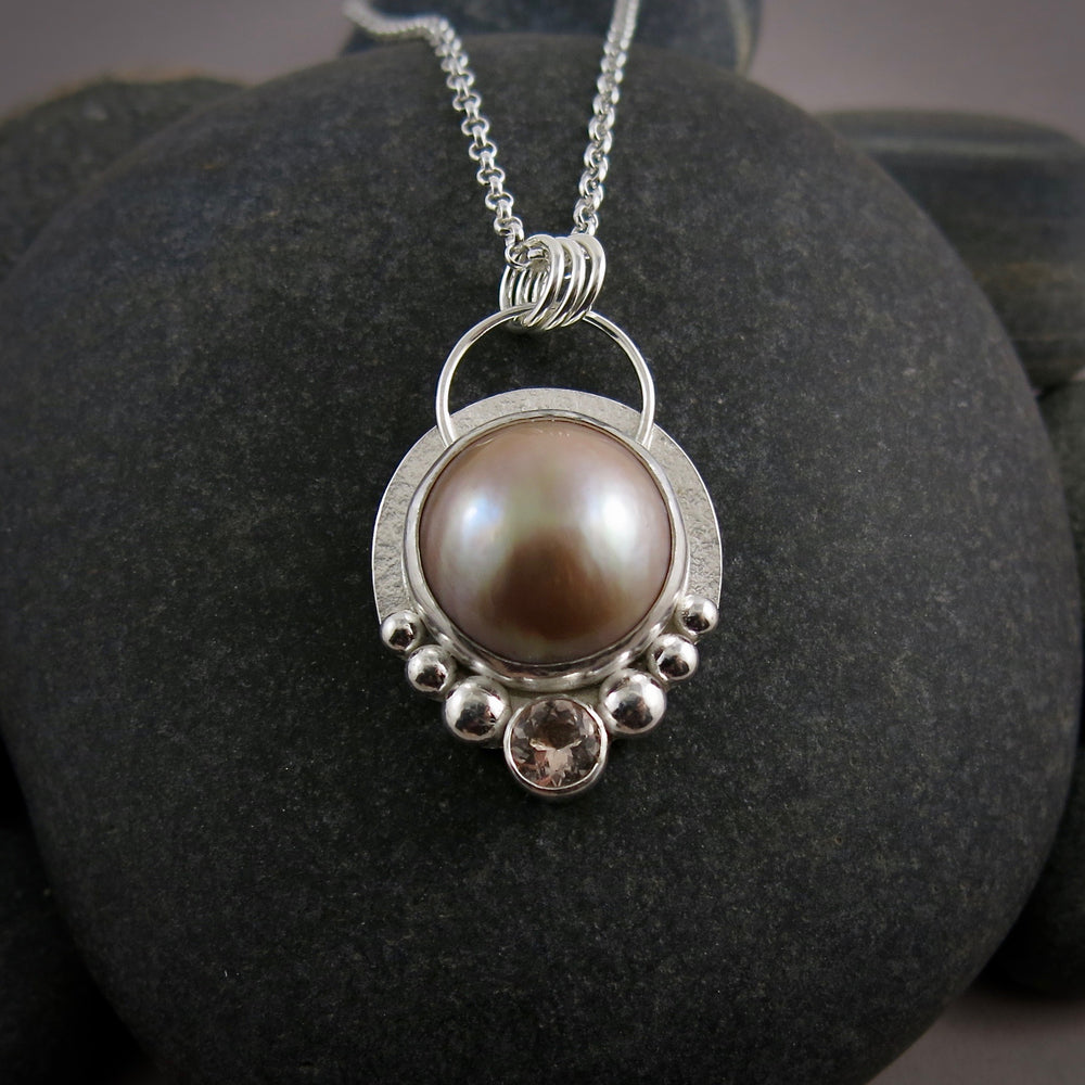 Champagne mabe pearl necklace with faceted morganite accent stone in sterling silver by Mikel Grant Jewellery