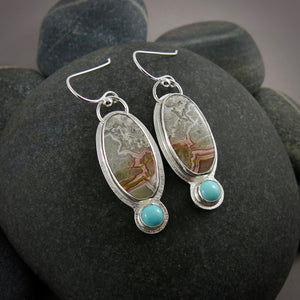 Crazy lace agate earrings with turquoise in sterling silver by Mikel Grant